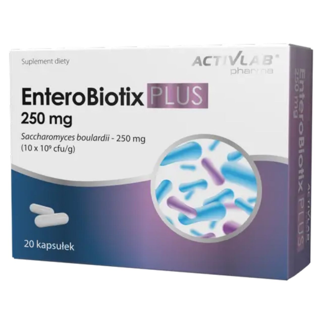 Packung EnteroBiotix Plus Kapseln mit 250 mg Saccharomyces boulardii.