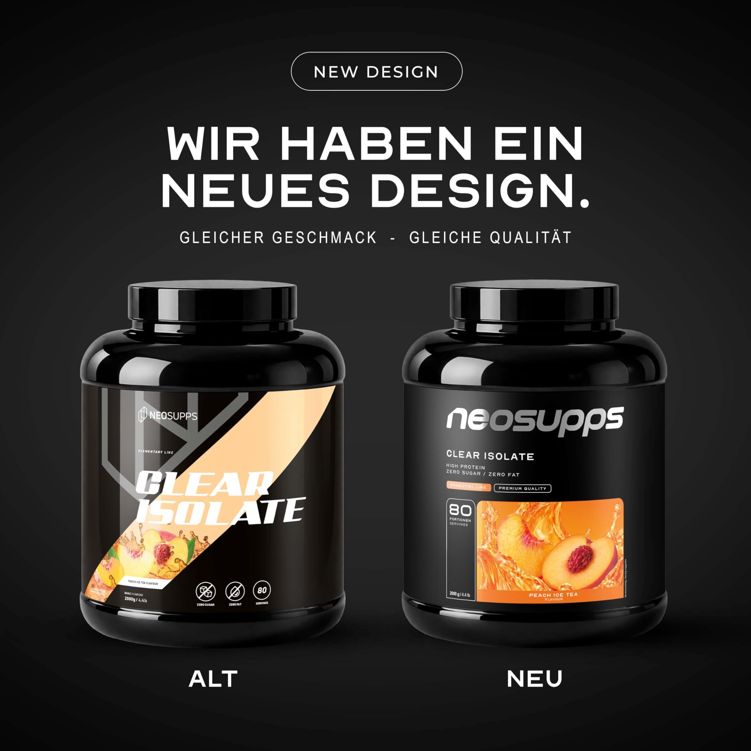 Vergleich von altem und neuem Design des Neosupps Clear Isolate Protein Pulver Behälters.