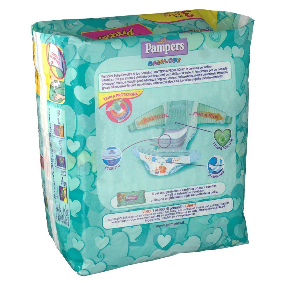 Retro della confezione di pannolini Pampers Baby-Dry Midi. Informazioni sul prodotto, illustrazioni e indicazioni di taglia e protezione.