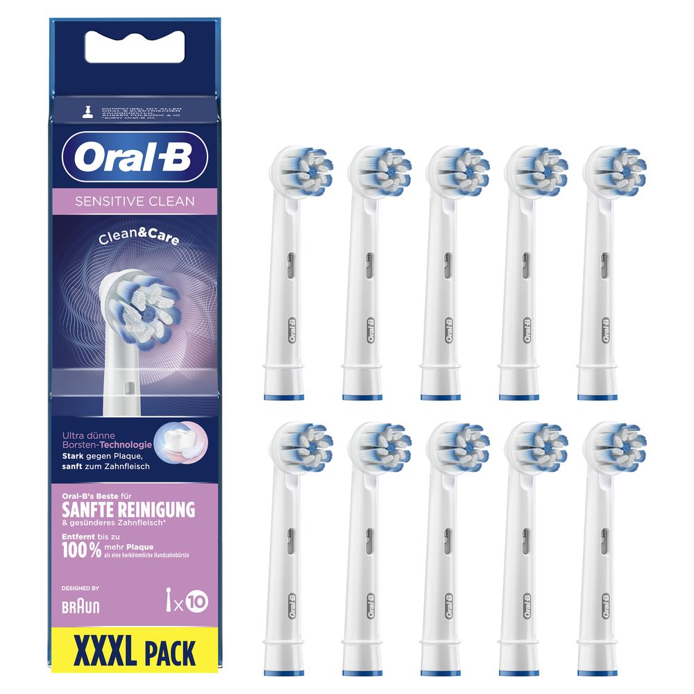 Zehn Oral-B Sensitive Clean Aufsteckbürsten und Verpackung. Verpackung mit Produktabbildung und Schriftzug "XXXL PACK".