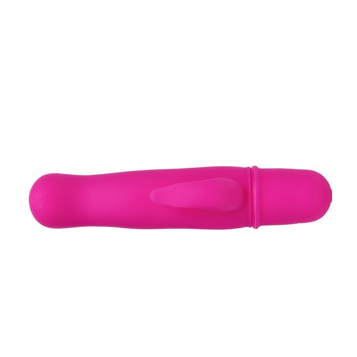 Pinkfarbener Vibrator mit abgerundeter Form und einem hervorstehenden Element. Auf weißem Hintergrund.