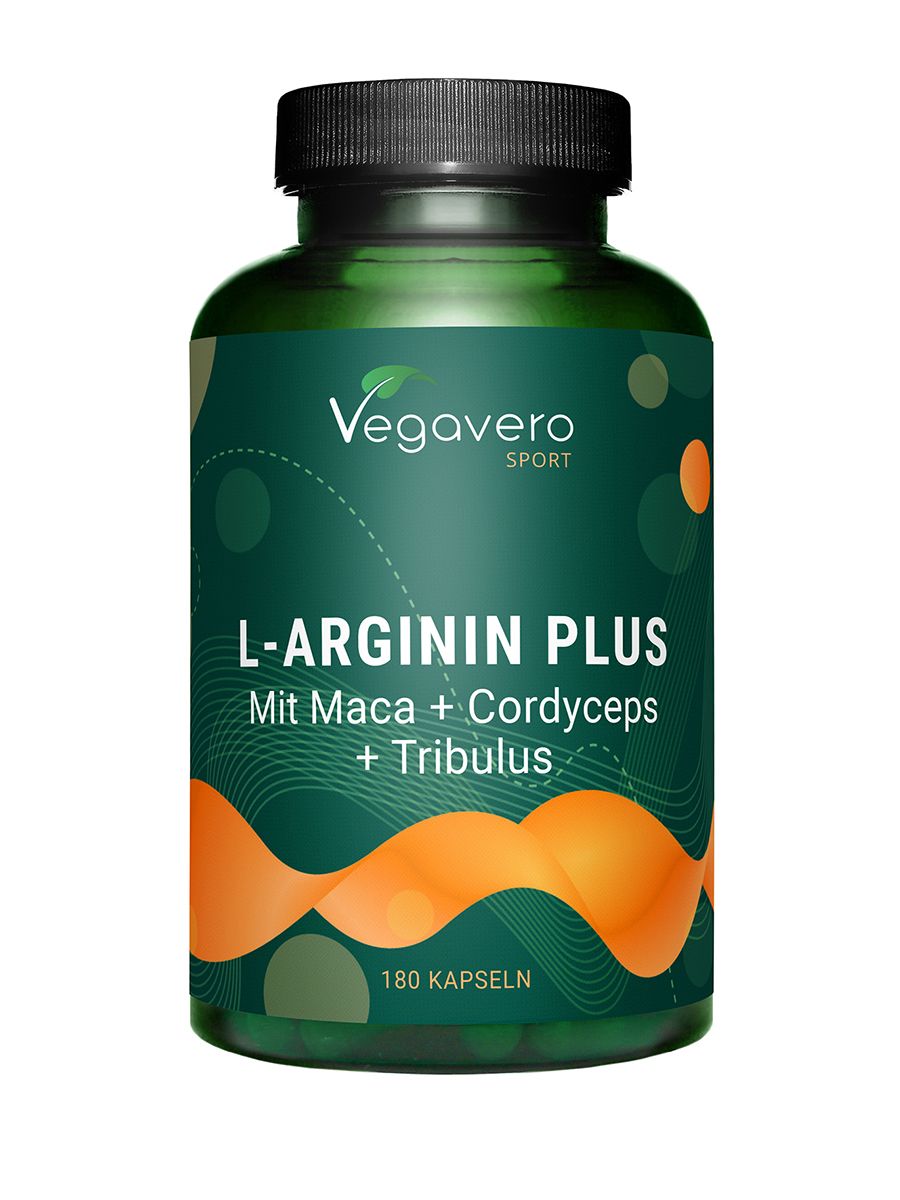 Grüne Flasche mit schwarzen Deckel. Aufschrift: L-Arginin Plus, Mit Maca + Cordyceps + Tribulus. 180 Kapseln. Vegavaro Sport.