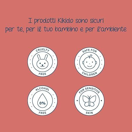Vier runde Logos. Kaninchen-Symbol: Cruelty Free. Baby-Symbol: Safe for Children. Tropfen-Symbol: 0% Alcohol Free. Schmetterling-Symbol: For Sensitive Skin.