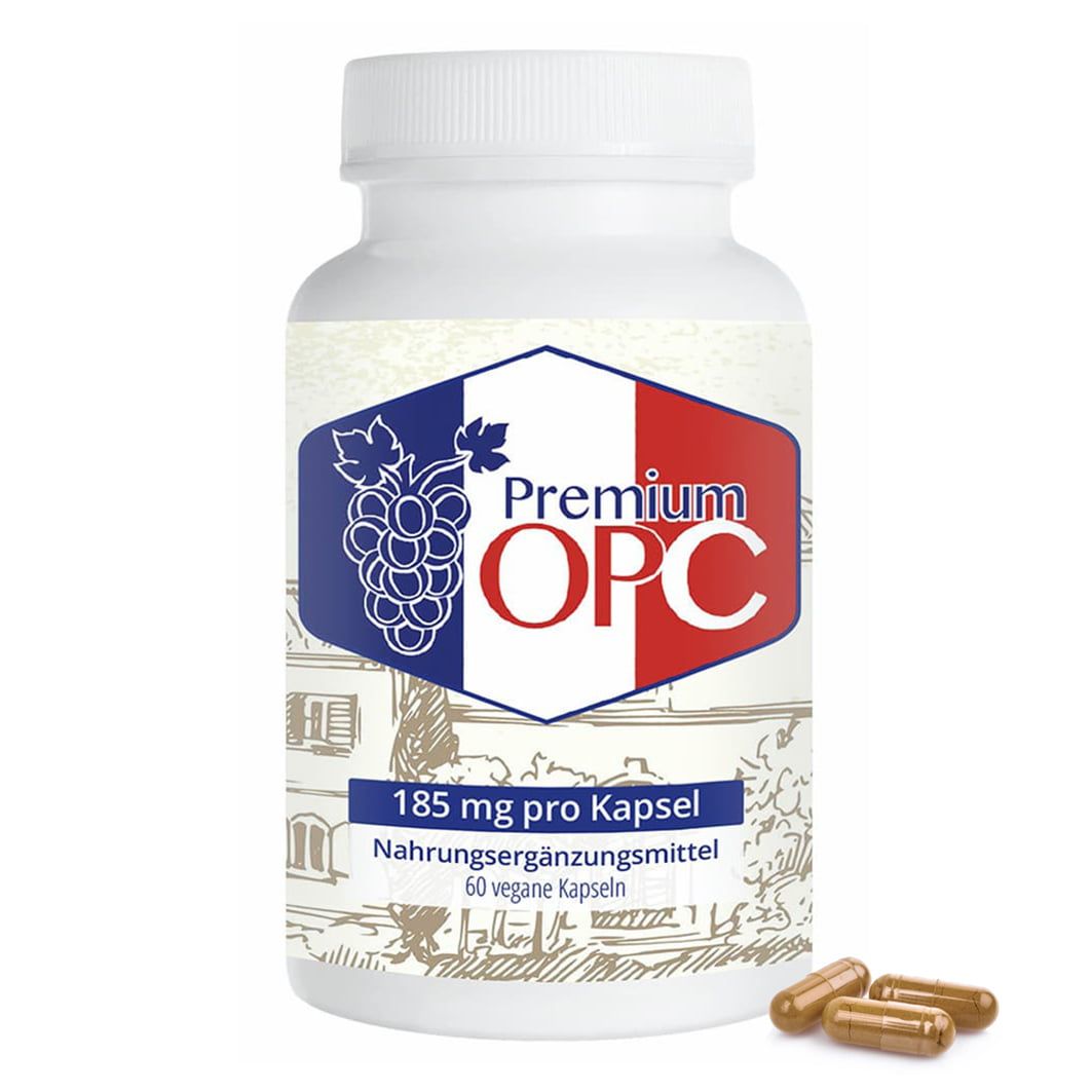 Weiße Flasche mit Etikett. Aufschrift: Premium OPC, 185 mg pro Kapsel. 4 Kapseln liegen daneben.
