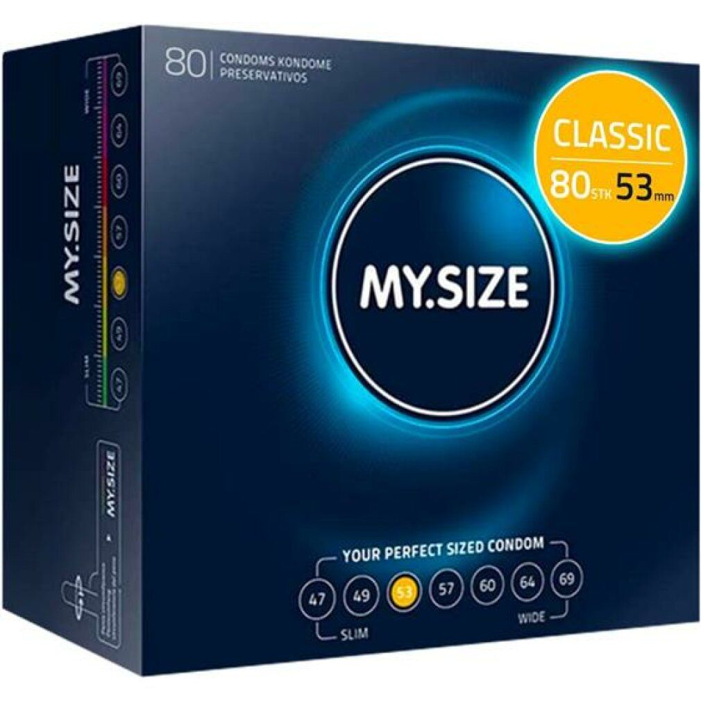 Verpackung mit MY.SIZE Logo. Enthält 80 Kondome, 53 mm. Größenangaben von 47 bis 69 mm. Aufdruck: Kondome, Präservative.