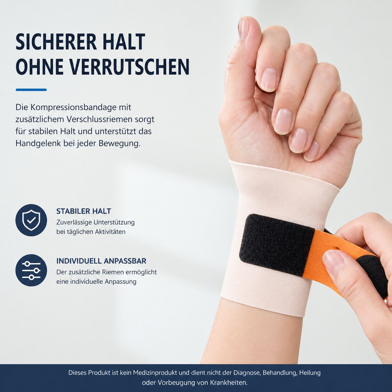 Handgelenkbandage am Handgelenk. Schwarzer Klettverschluss. Text: Sicherer Halt ohne Verrutschen.