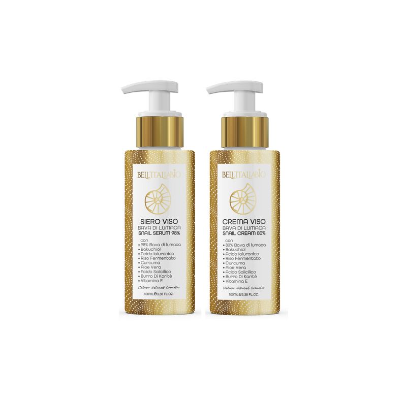 Zwei goldfarbene Flaschen mit weißen Pumpaufsätzen. Aufschrift: Siero VISO und Crema VISO. Logo: Schneckenhaus.