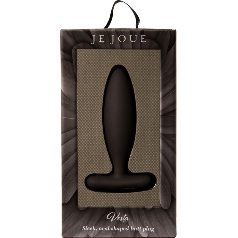 Verpackung mit schwarzem Analplug. Marke: Je Joue. Text: Vesta, Sleek, oval shaped butt plug.