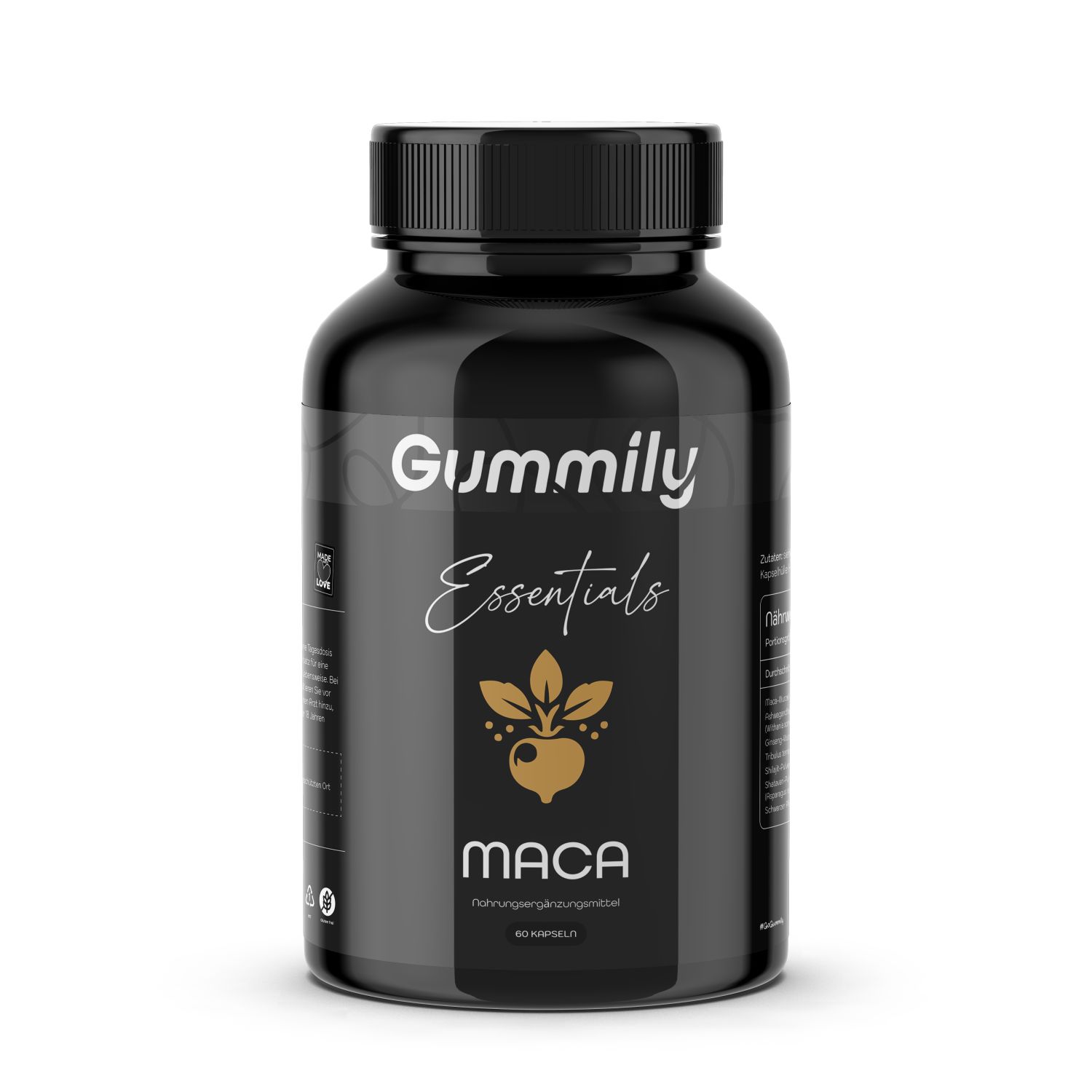 Schwarze Flasche mit Gummily Essentials Maca Kapseln. Goldener Aufdruck mit Logo und Produktbezeichnung. 60 Kapseln.
