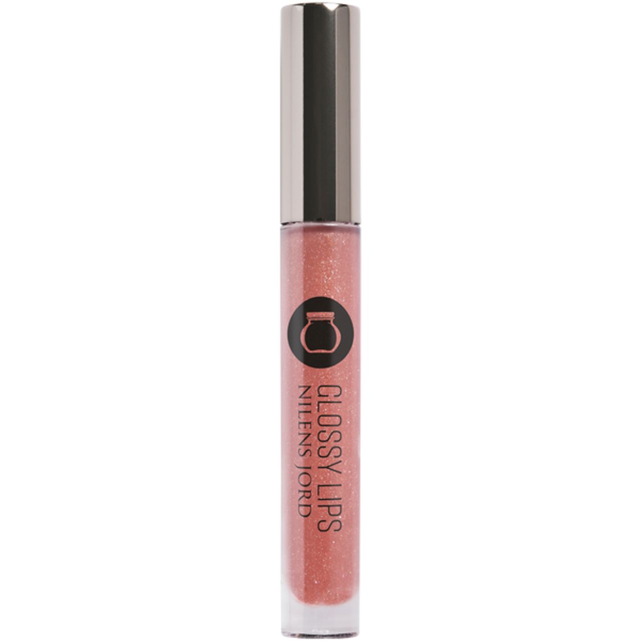 Glänzender Lippenstift in einer transparenten Tube mit silberfarbenem Deckel. Aufschrift: GLOSSY LIPS, NILENS JORD.