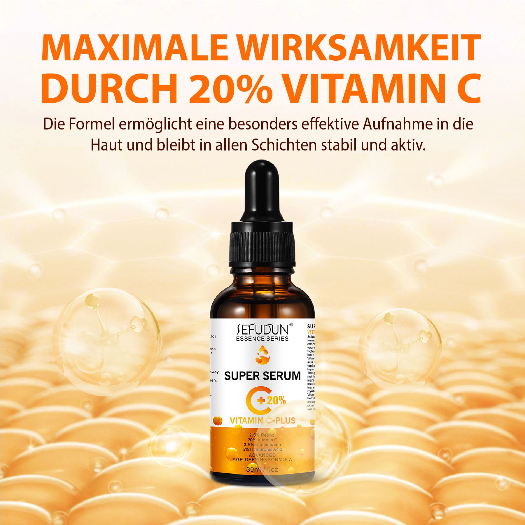 Braune Glasflasche mit Pipette, umgeben von Haut. Text: Maximale Wirksamkeit durch 20% Vitamin C. Die Formel ist stabil.