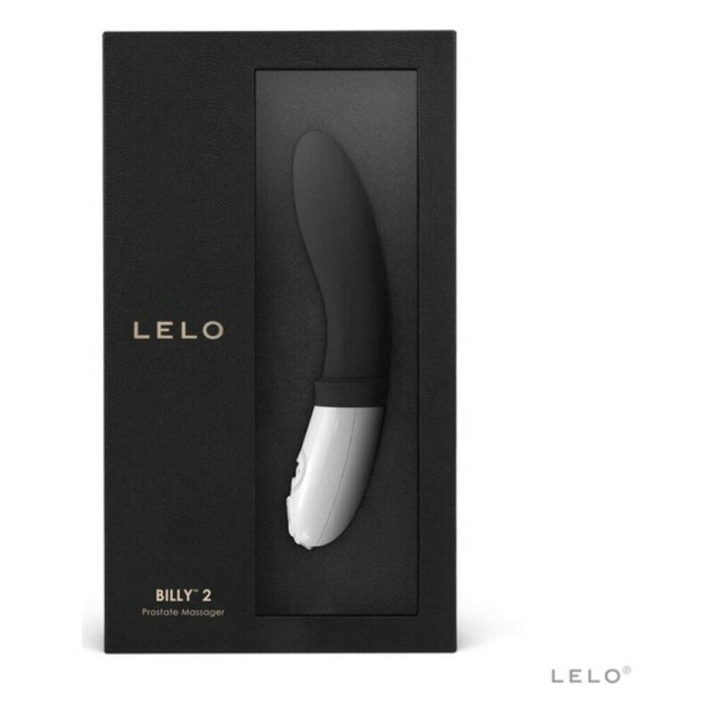 Schwarze Box mit Fenster. Prostatamassager LELO Billy 2 sichtbar. Schwarzer Hintergrund.