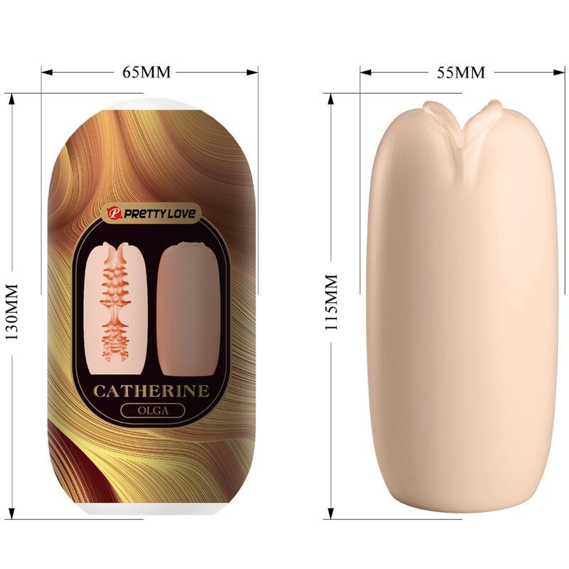 Pretty Love - Olga Pack. Links: Verpackung mit Produktabbildung und Maßen. Rechts: Produkt in beiger Farbe mit Maßen.