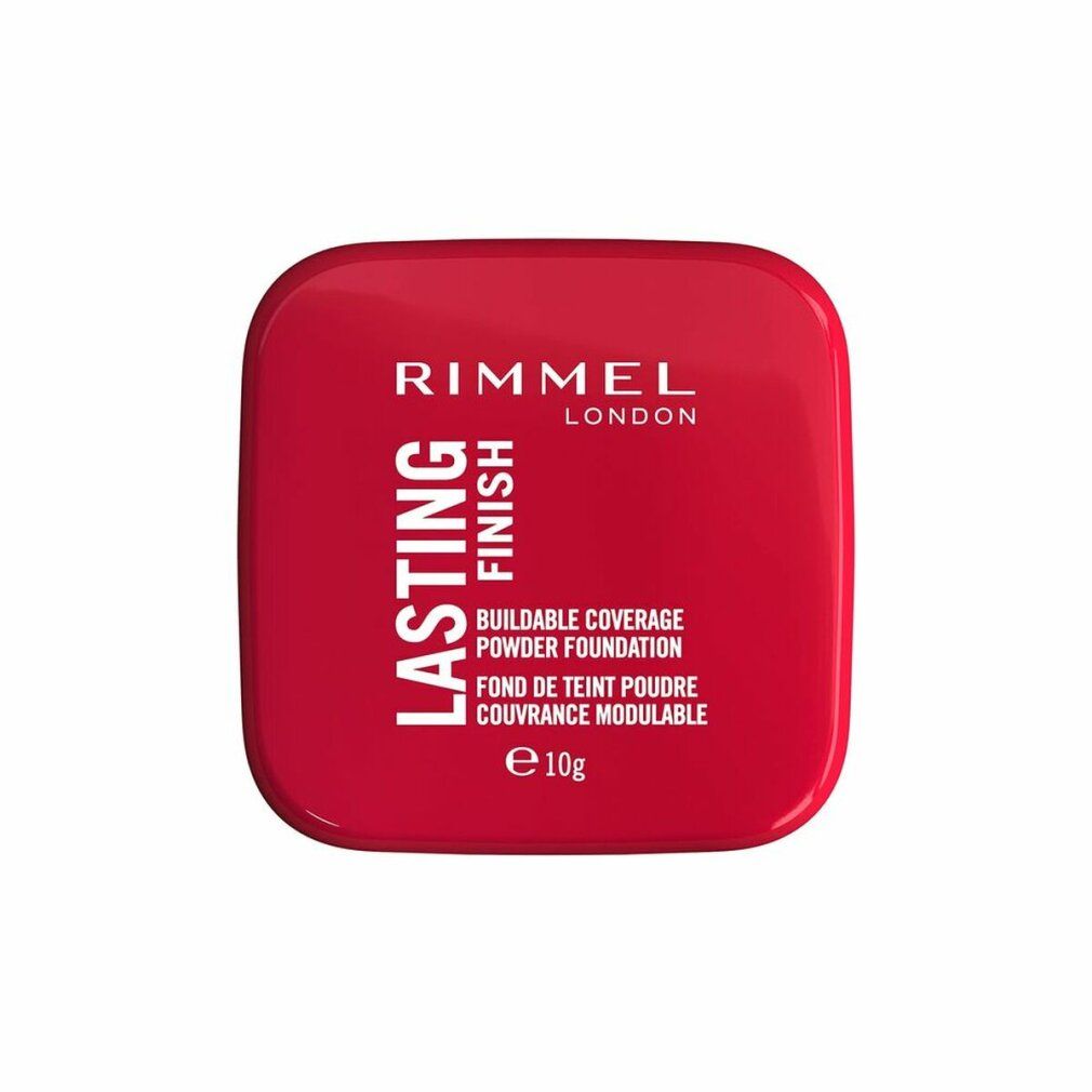 Roter Kompaktpuder geschlossen. Rimmel London Lasting Finish, Text und Logo. 10g.