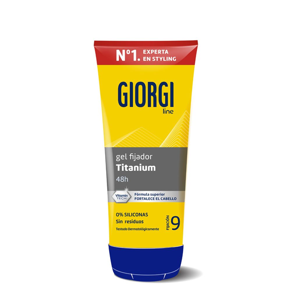Gel-Fixierer-Tube. Gelbe Tube mit rotem Deckel. Aufschrift: GIORGI, Titanium, 48h. Enthält 0% Silikone. Dermatologisch getestet.