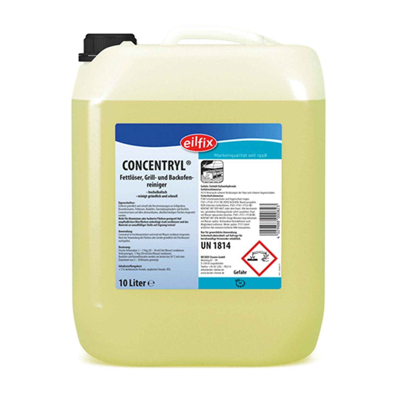 Rechteckiger Kanister mit gelber Flüssigkeit. Aufschrift: Concentryl, Fettlöser, Grill- und Backofenreiniger. 10 Liter. Gefahrensymbol.