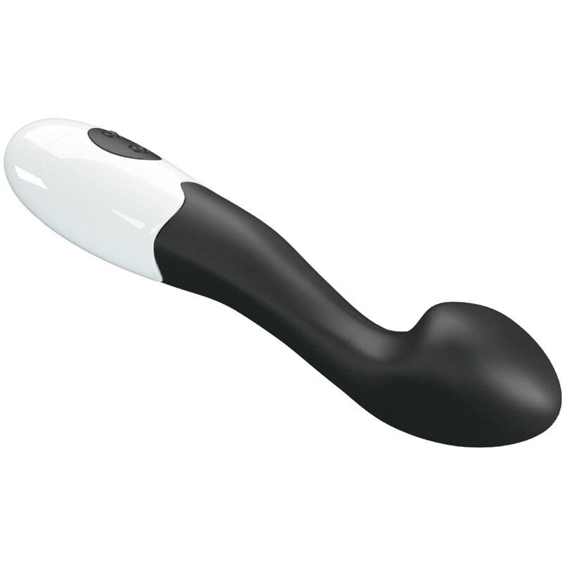 Schwarz-weißer Vibrator mit geschwungener Form. Der Kopf ist abgerundet, zwei Knöpfe am weißen Ende.