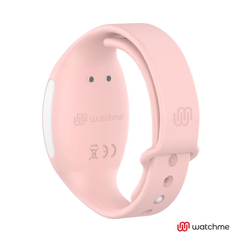 Rückseite eines rosa Armbands mit Fernbedienung, CE-Zeichen und Watchme-Logo.