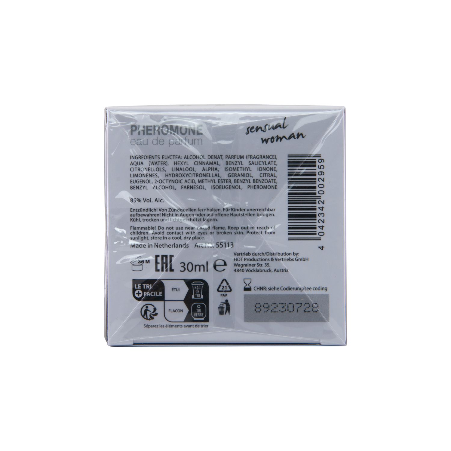 Rückseite der Verpackung. Aufschrift: Inhaltsstoffe, Warnhinweise, EAN-Code. 30ml.