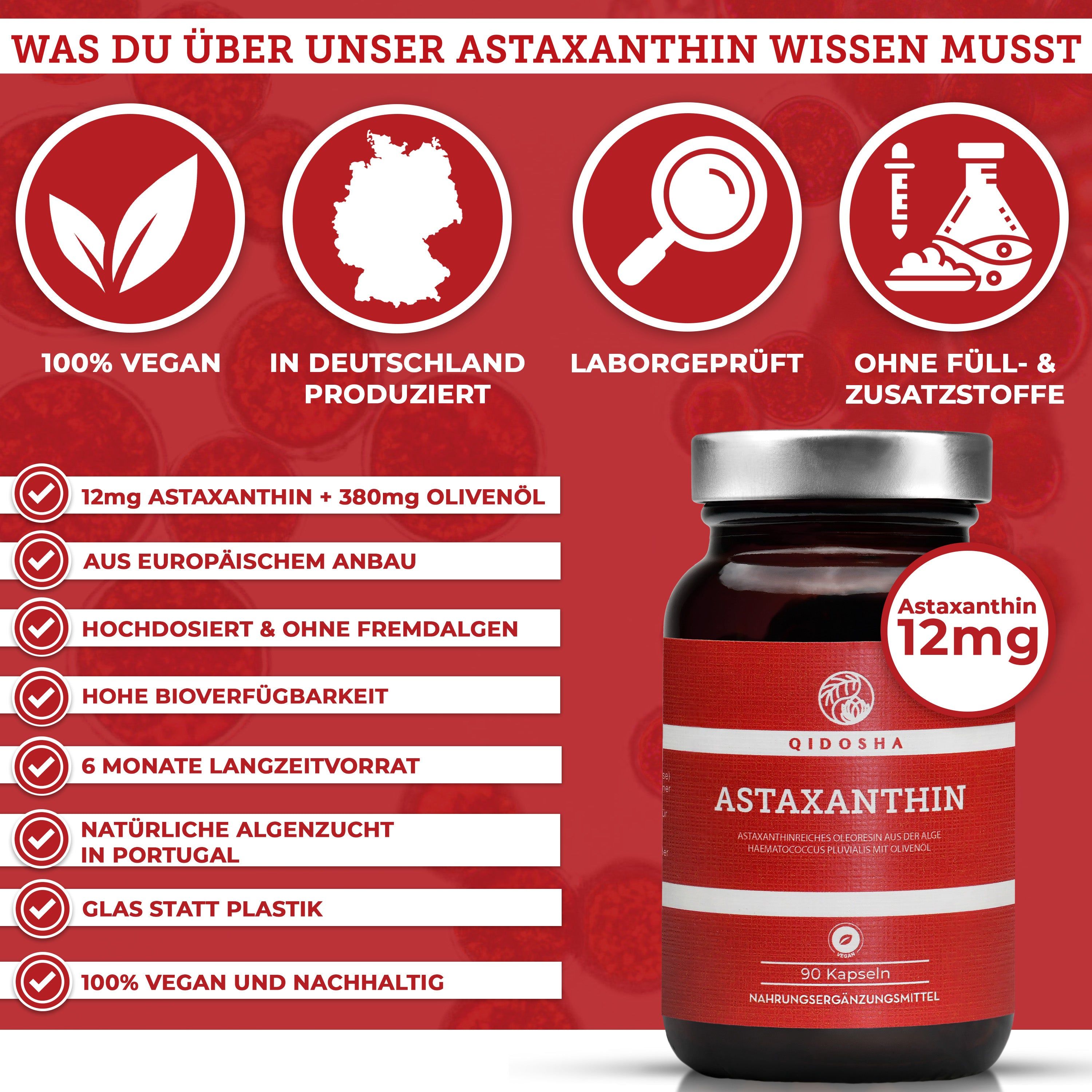QIDOSHA Astaxanthin 12mg Kapseln in Braunglasflasche mit silbernem Deckel. Informationen zu Inhaltsstoffen und Siegeln.