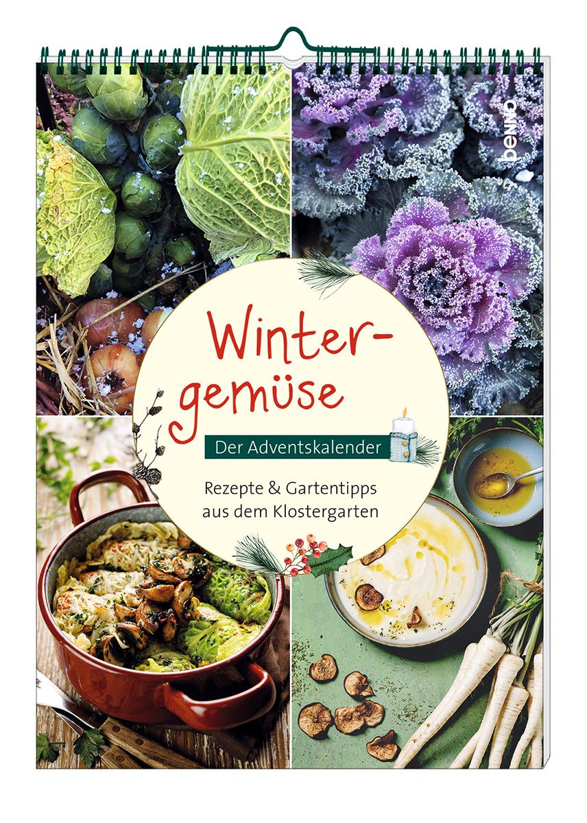 Kalender mit Spiralbindung. Titel: Wintergemüse. Der Adventskalender. Rezepte & Gartentipps aus dem Klostergarten. Bilder von Gemüse und Gerichten.