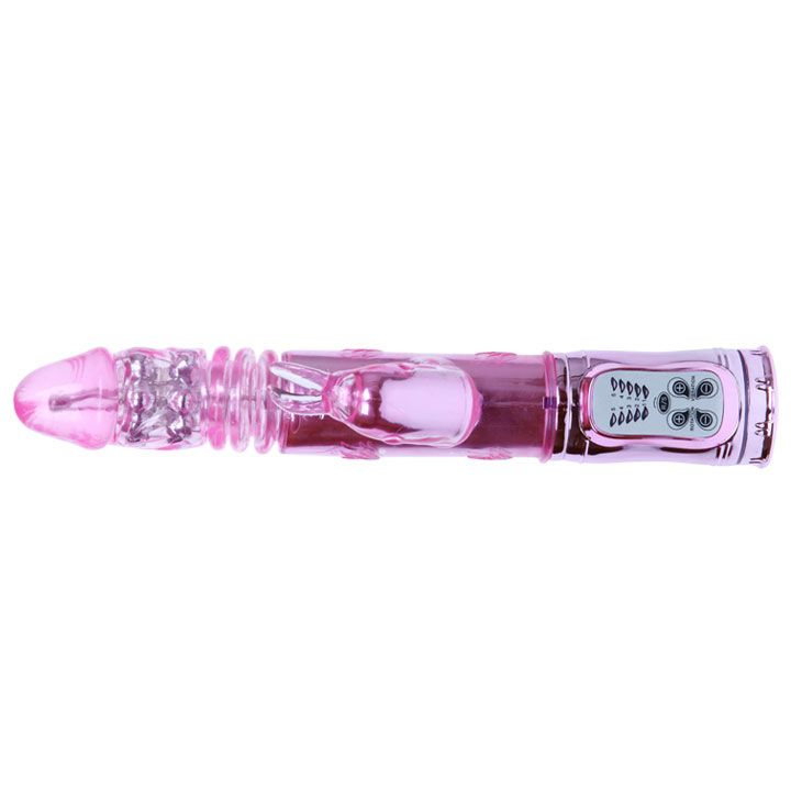 Pinkfarbener Vibrator mit Hasenohren-Aufsatz. Steuerungsknöpfe am unteren Ende. Geriffelte Oberfläche.