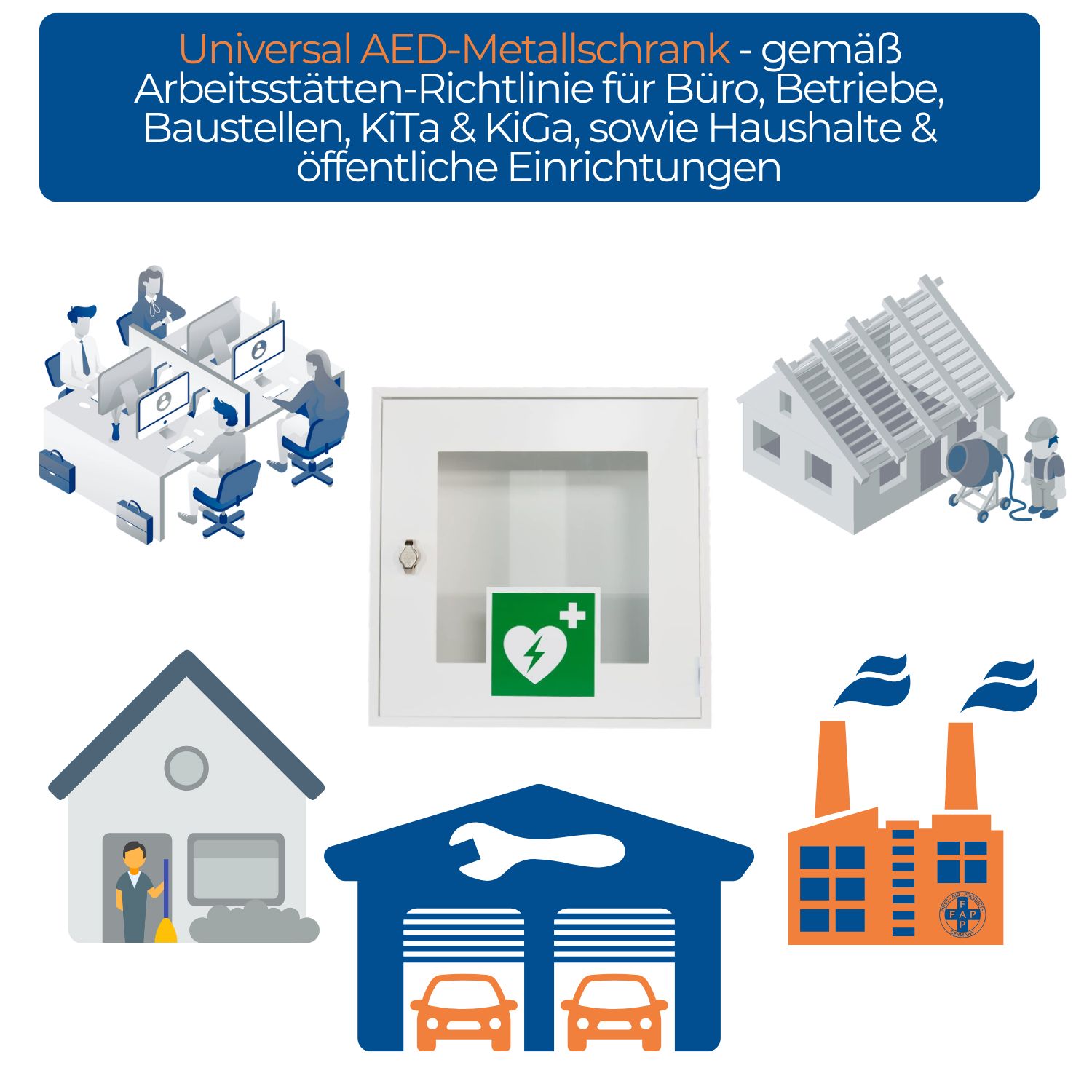 Universal AED-Metallschrank. Text: Arbeitsstätten-Richtlinie. Illustrationen von Gebäuden. FAP-Logo.