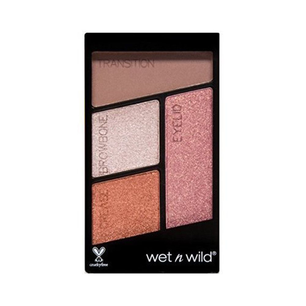 Lidschatten-Palette mit vier Farben. Schwarze Verpackung. Text: Wet n Wild, Cruelty Free.