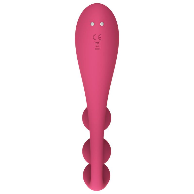 Rosa Vibrator mit drei Kugeln. Rückseite mit CE-Kennzeichnung und zwei Knöpfen.