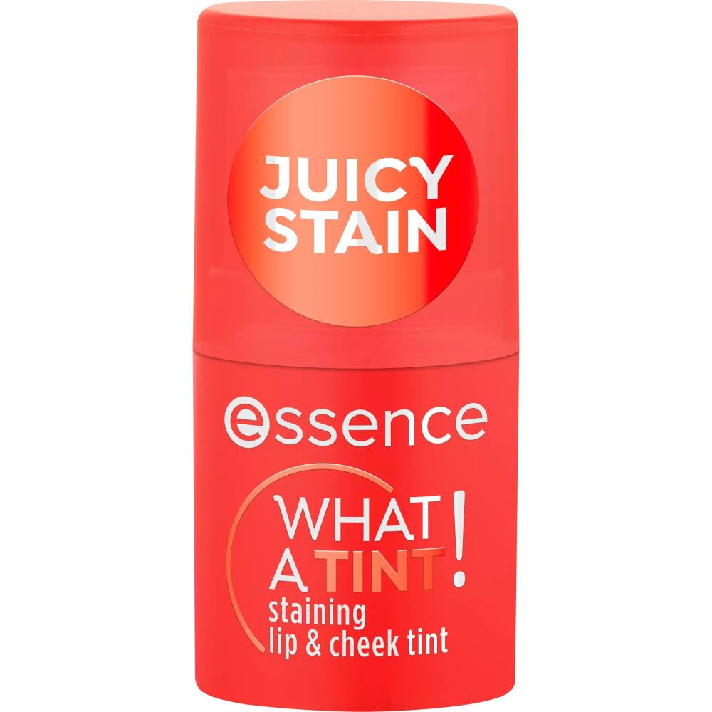 Roter Lippen- & Wangen-Tönungsstift. Aufschrift: Essence, WHAT A TINT! staining lip & cheek tint, JUICY STAIN.