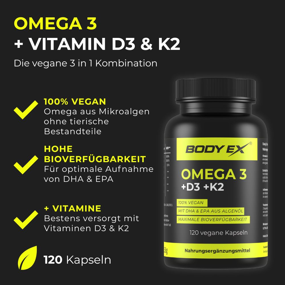 Body Ex® Omega 3 + D3 & K2 Kapseln, Omega aus Algenöl, 100% vegan