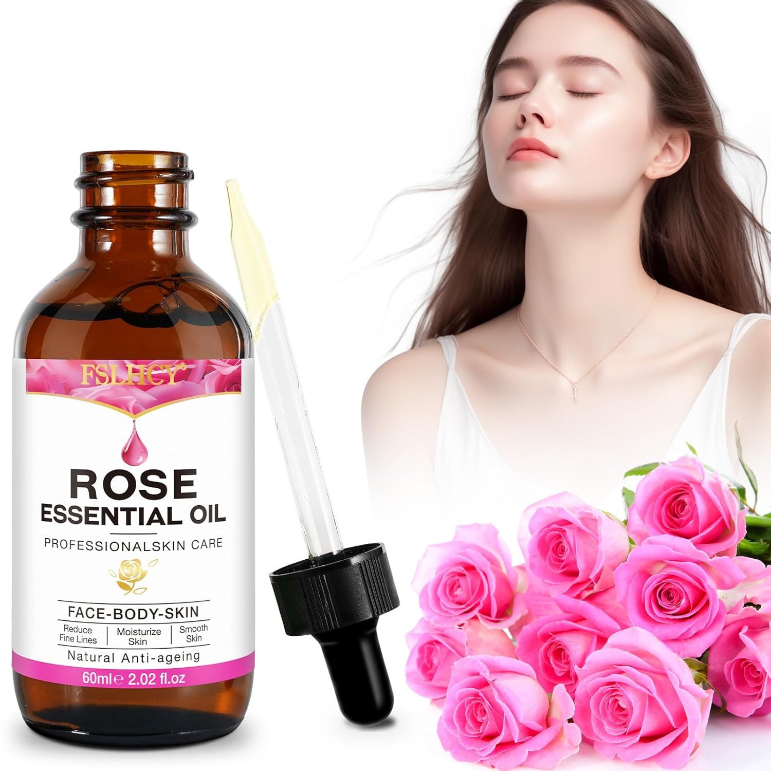 Braune Glasflasche mit Tropfer und Etikett. Aufschrift: ROSE ESSENTIAL OIL. Frau mit geschlossenen Augen. Rosa Rosen im Hintergrund.