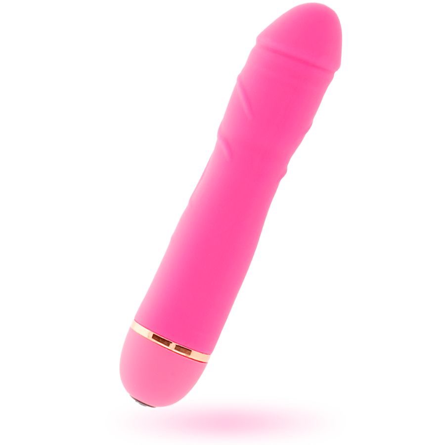 Pinkfarbener Vibrator mit abgerundeter Spitze und goldfarbenem Ring am unteren Ende. Perspektivische Ansicht.