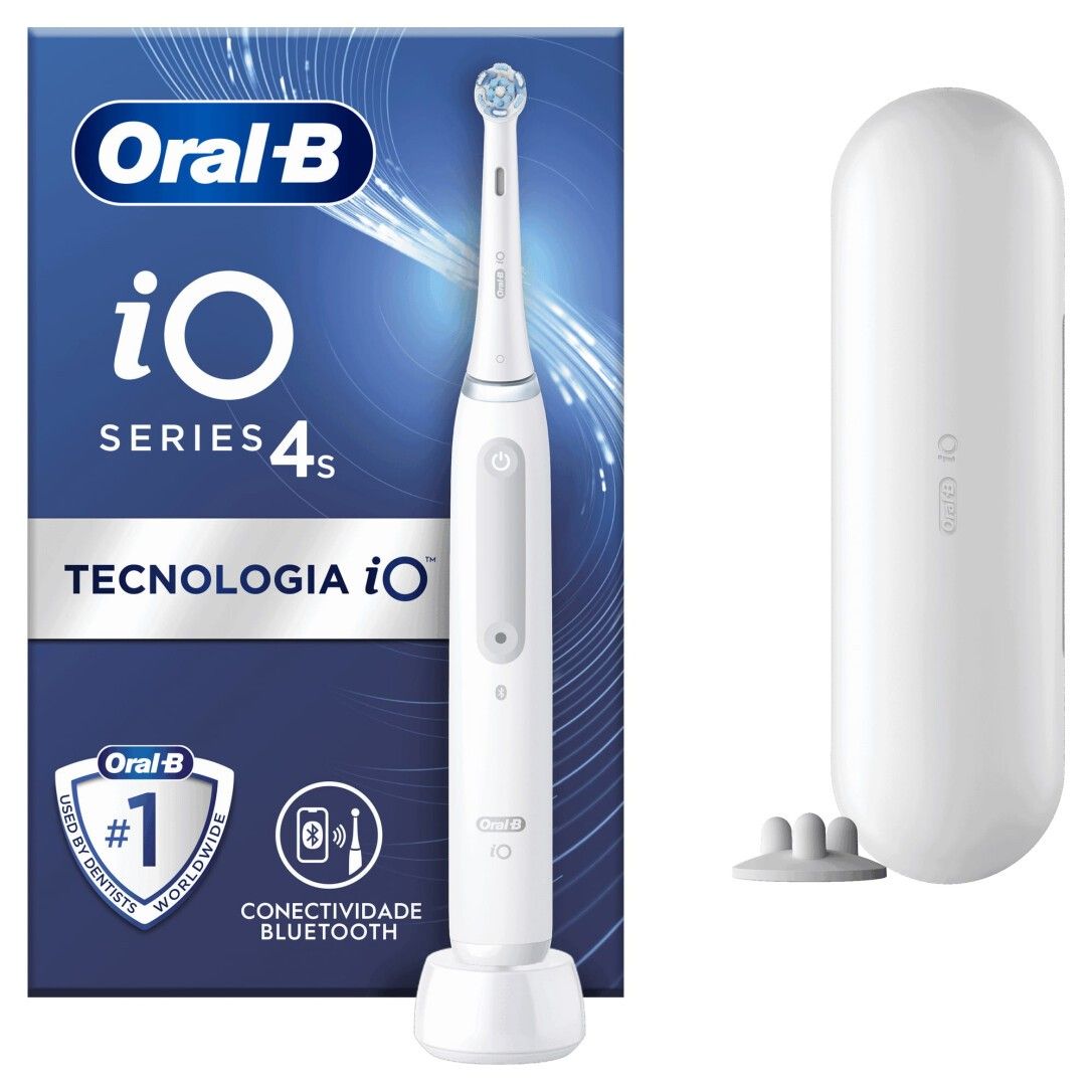 Elektrische Zahnbürste, Reiseetui und Verpackung. Oral-B iO Series 4s. Verpackung mit Produktinformationen und Bluetooth.