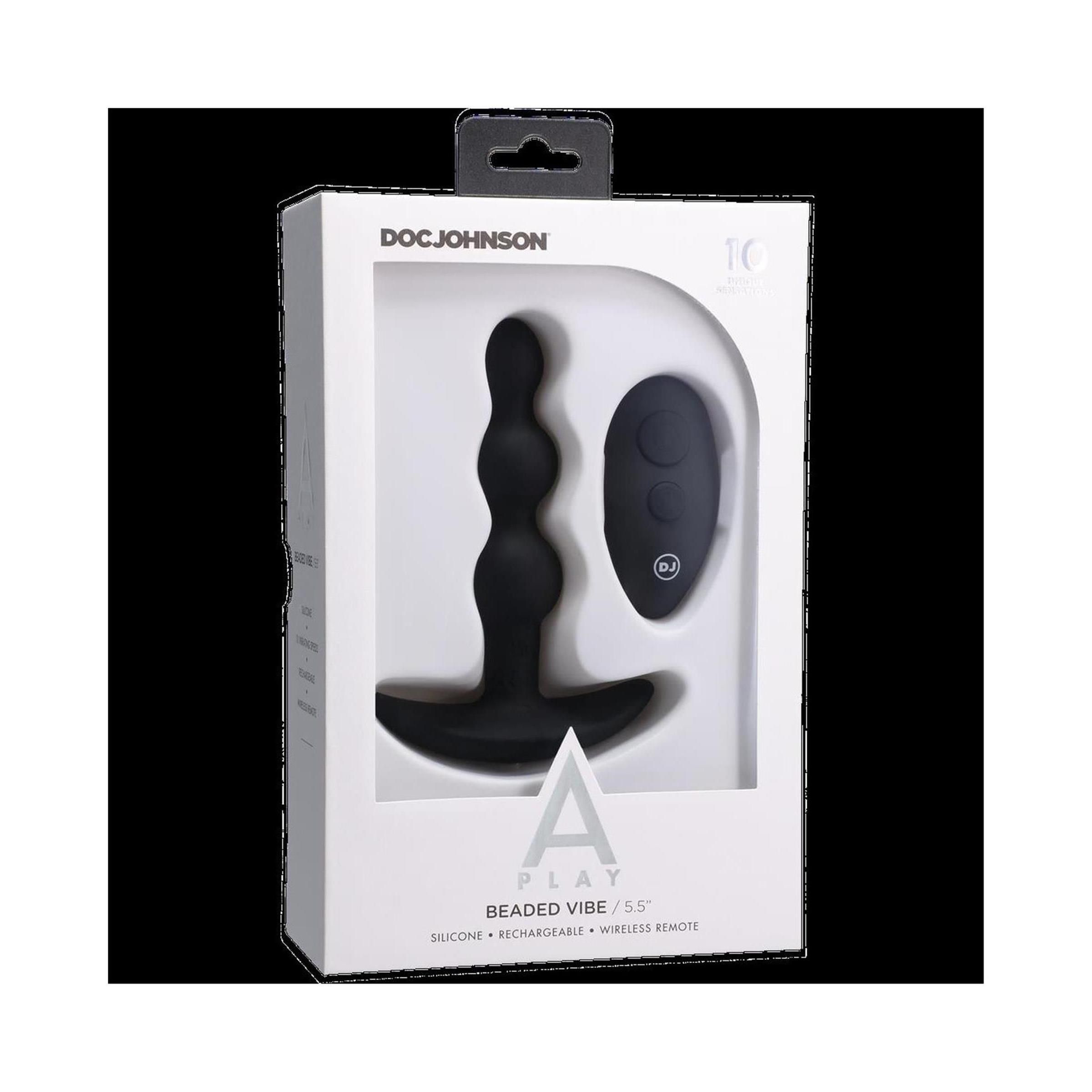 Schwarzes Analplug mit Fernbedienung in Verpackung. Marke: Doc Johnson. Produktname: Beaded Vibe / 5.5". Silikon, wiederaufladbar, kabellos.