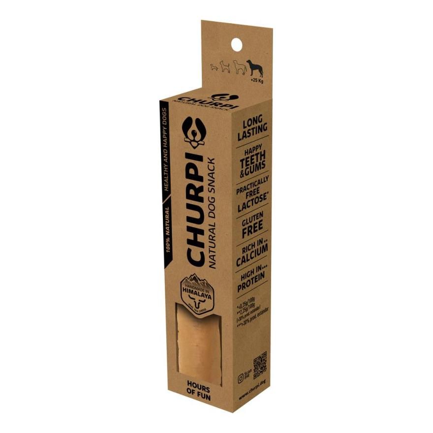 Verpackung mit Produkt. Aufschrift: Churpi Natural Dog Snack. Enthält Informationen zu Inhaltsstoffen und Eigenschaften.