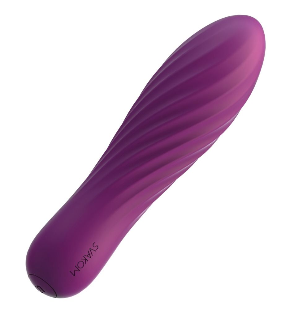 Lila Vibrator mit gewellter Oberfläche. Der Vibrator ist länglich und hat eine abgerundete Spitze.