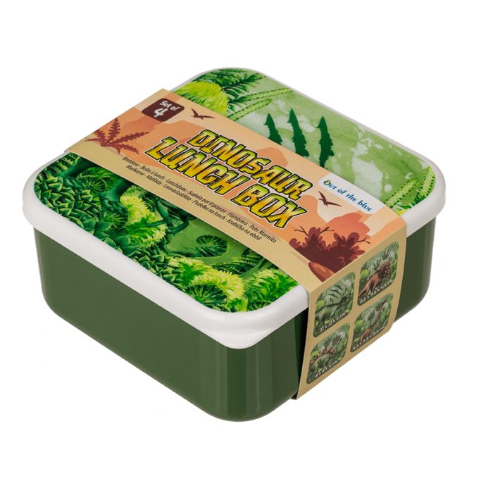Grüne Brotdose mit Dinosaurier-Motiv und weißem Deckel. Auf dem Deckel steht "Dinosaurier Lunch Box". Das Produkt ist in einer Verpackung.
