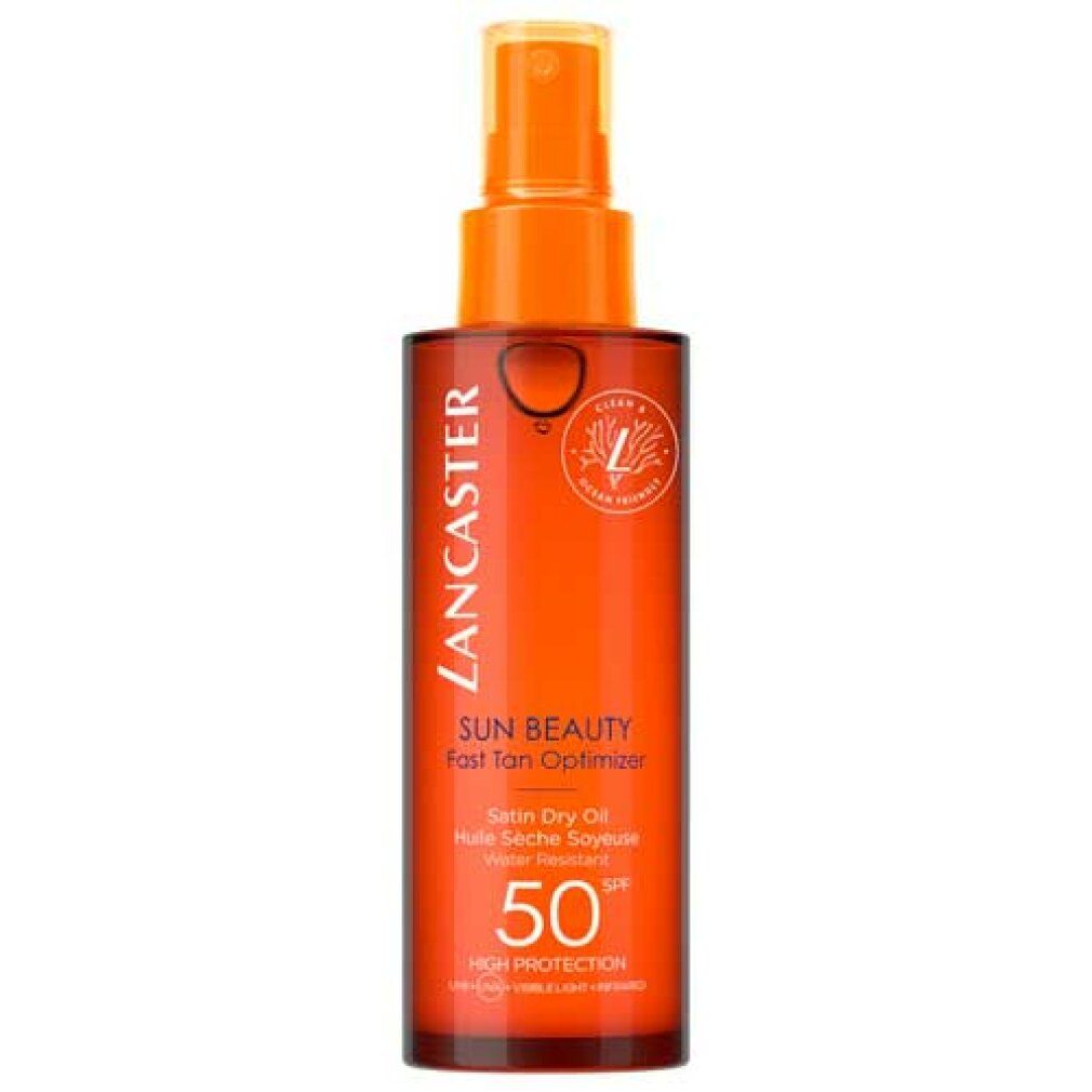 Lancaster Sun Beauty Dry Oil SPF50. Orange Flasche mit Sprühkopf. Text: Sun Beauty, Fast Tan Optimizer, Satin Dry Oil, 50 SPF.