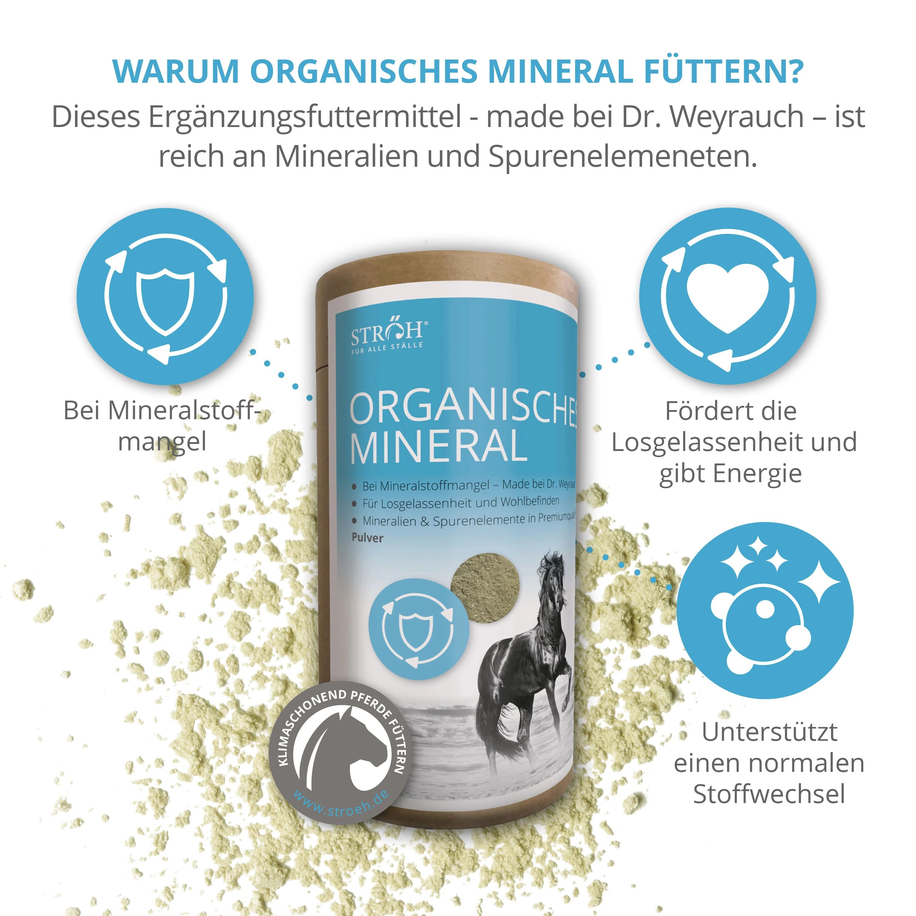 Zylindrische Dose mit blauem Deckel. Text: ORGANISCHE MINERAL. Daneben Kreise mit Text. Logo und Pferd. Haufen Pulver.