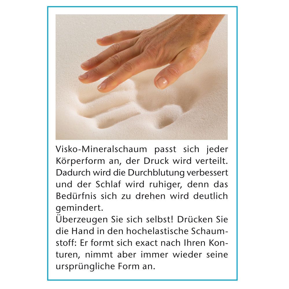 Nahaufnahme Handabdruck in Schaumstoff. Text: Visko-Mineralschaum passt sich jeder Körperform an.