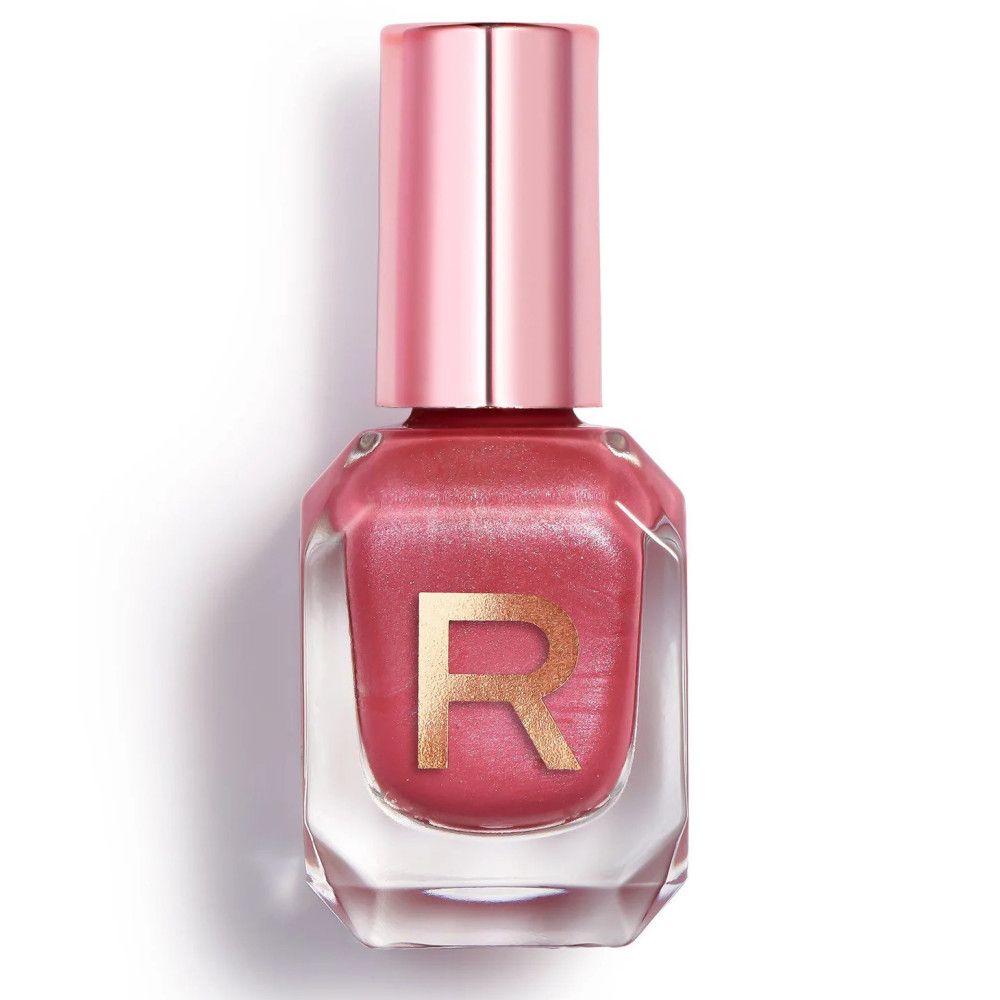 Nagellackflasche mit rosafarbenem Inhalt und rosafarbenem Deckel. Auf der Vorderseite ein goldfarbenes "R".