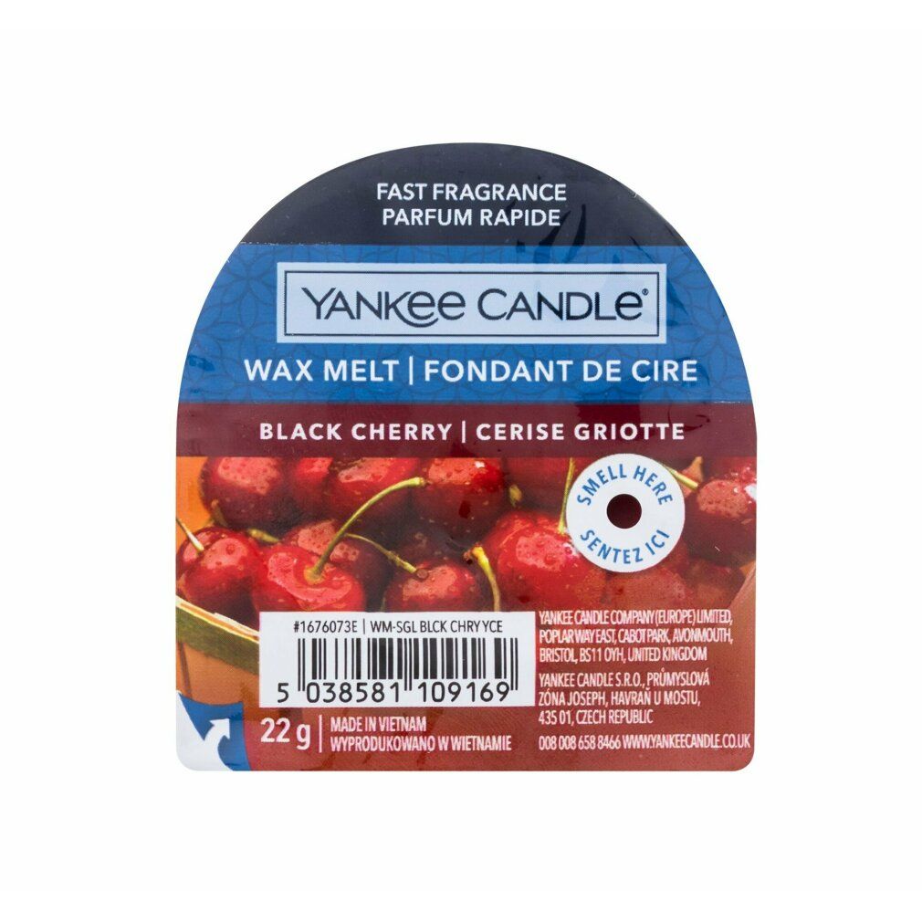 Verpackung mit Produktname, Produktbild und Barcode. Produktname: Black Cherry. Wachs Melt. 22g. Hergestellt in Vietnam.