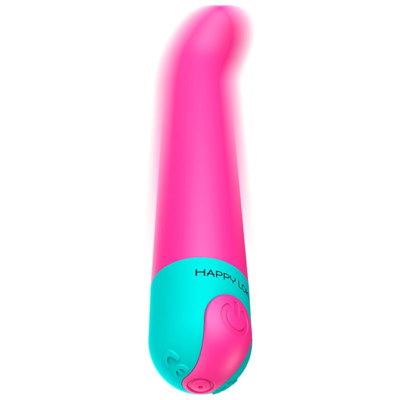 Pinkfarbener Vibrator mit blauem Fuß und abgerundeter Spitze. Auf dem Fuß steht "HAPPY LOKY".