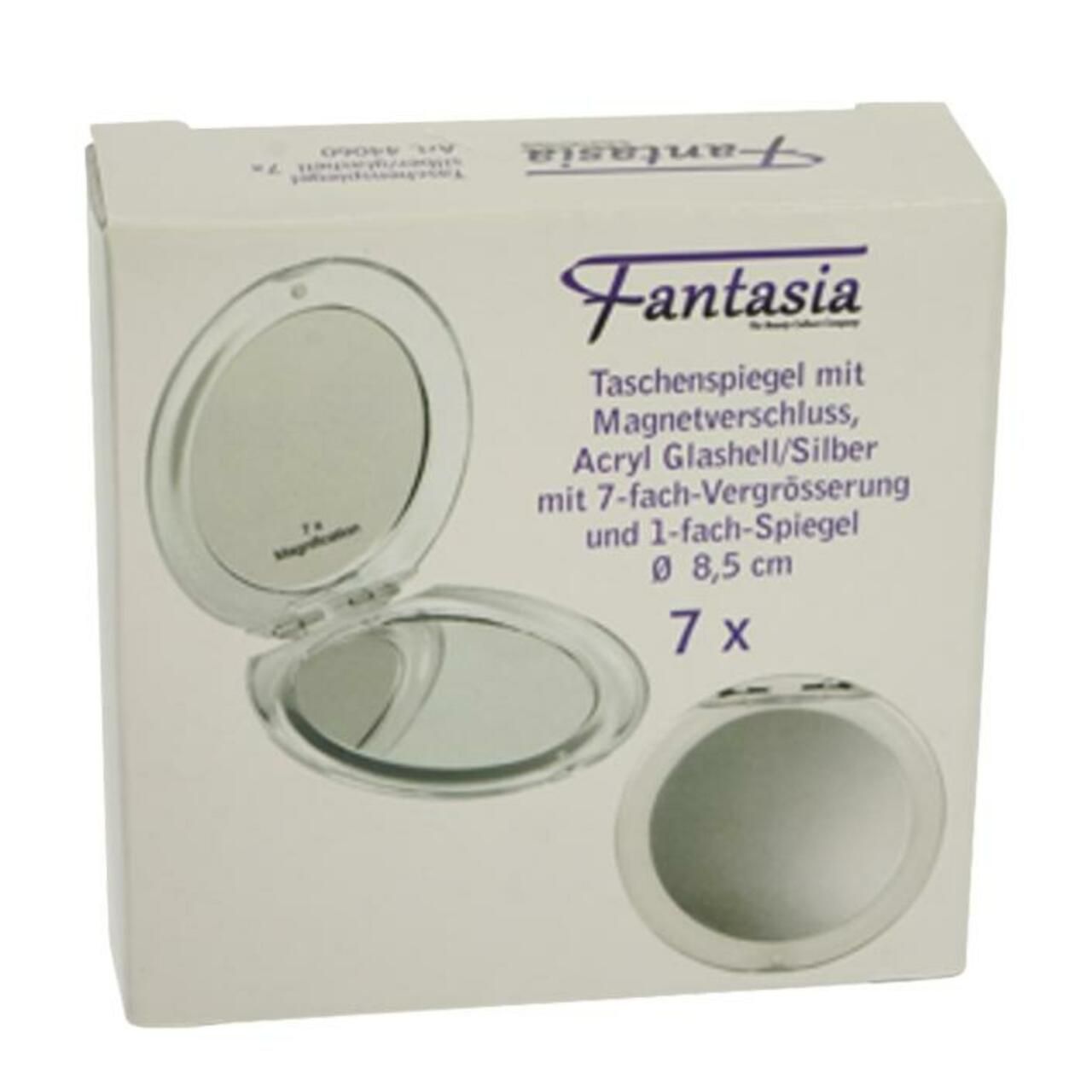 Taschenspiegel in Verpackung. Rund, 7-fach Vergrößerung, Acrylglas. Marke: Fantasia. Verpackung mit Produktinformationen.