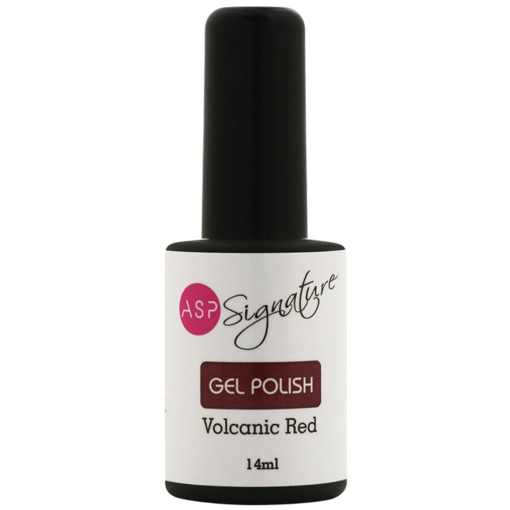 Nagellackflasche mit schwarzem Deckel. Etikett mit ASP Signature Gel Polish. Farbton: Volcanic Red.