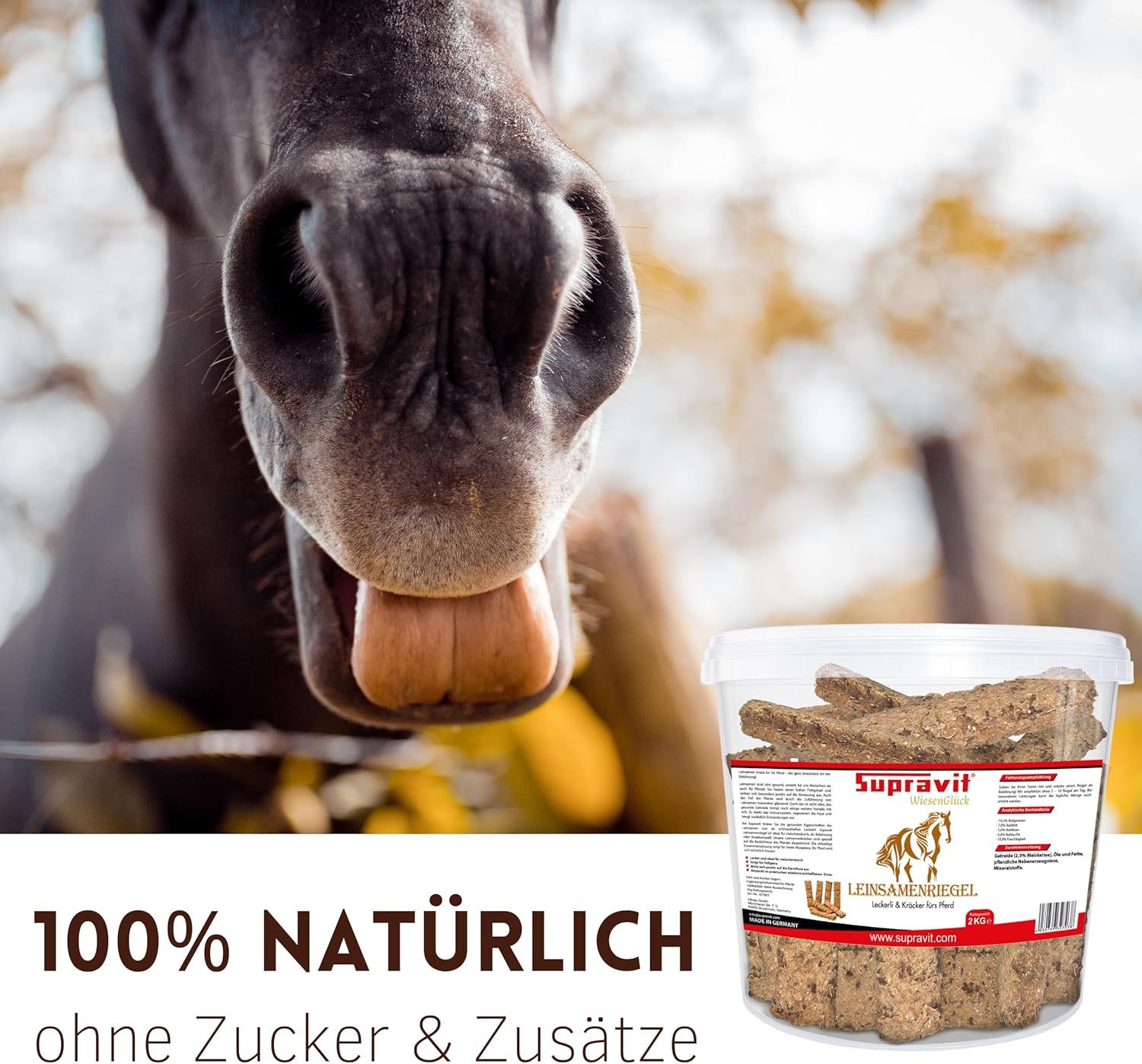 Nahaufnahme eines Pferdemauls, im Hintergrund ein Eimer mit Leckerlis. Aufschrift 'Supravit'.