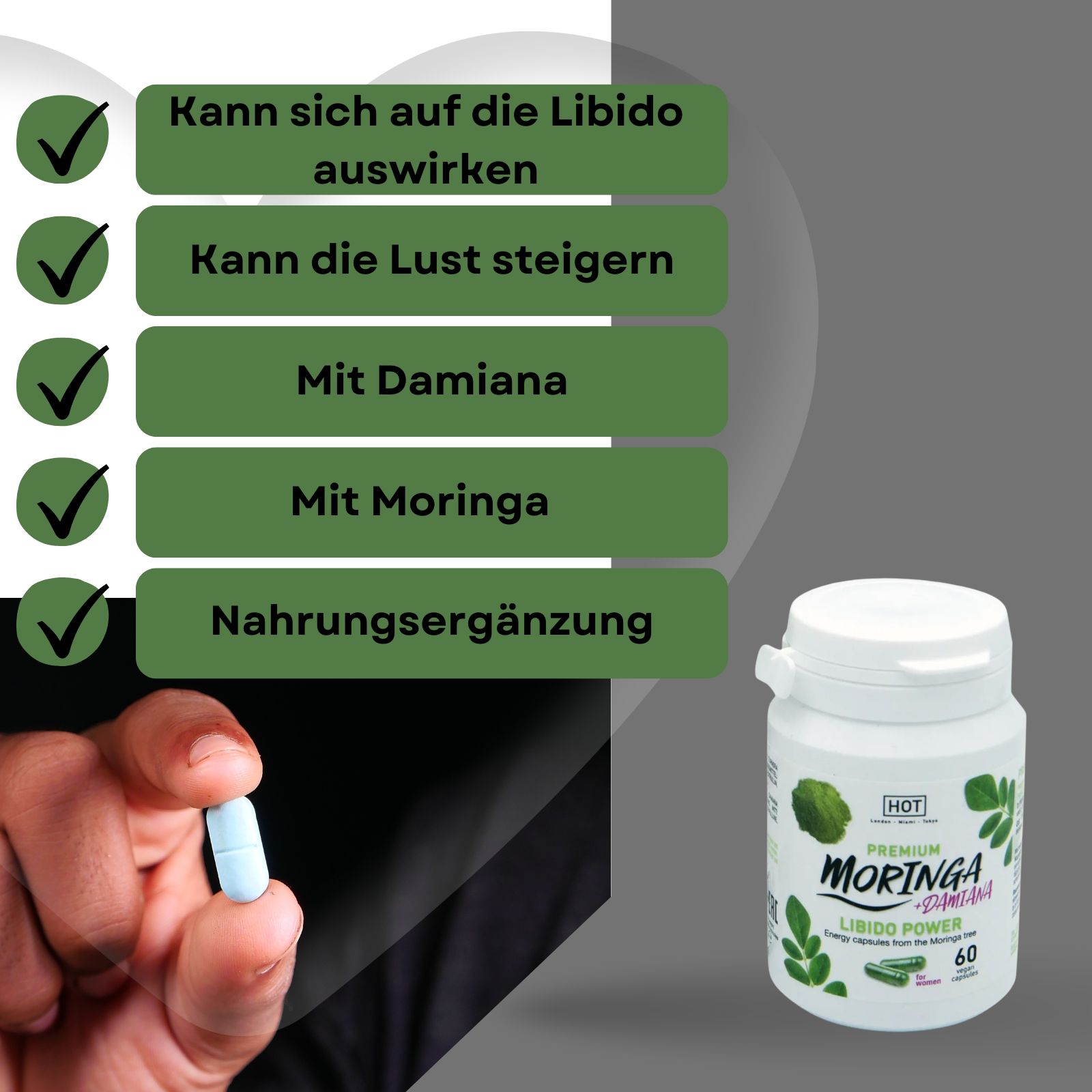 Eine Hand hält eine blaue Kapsel neben einer Flasche Moringa + Damiana Libido Power. Hintergrund mit Text.