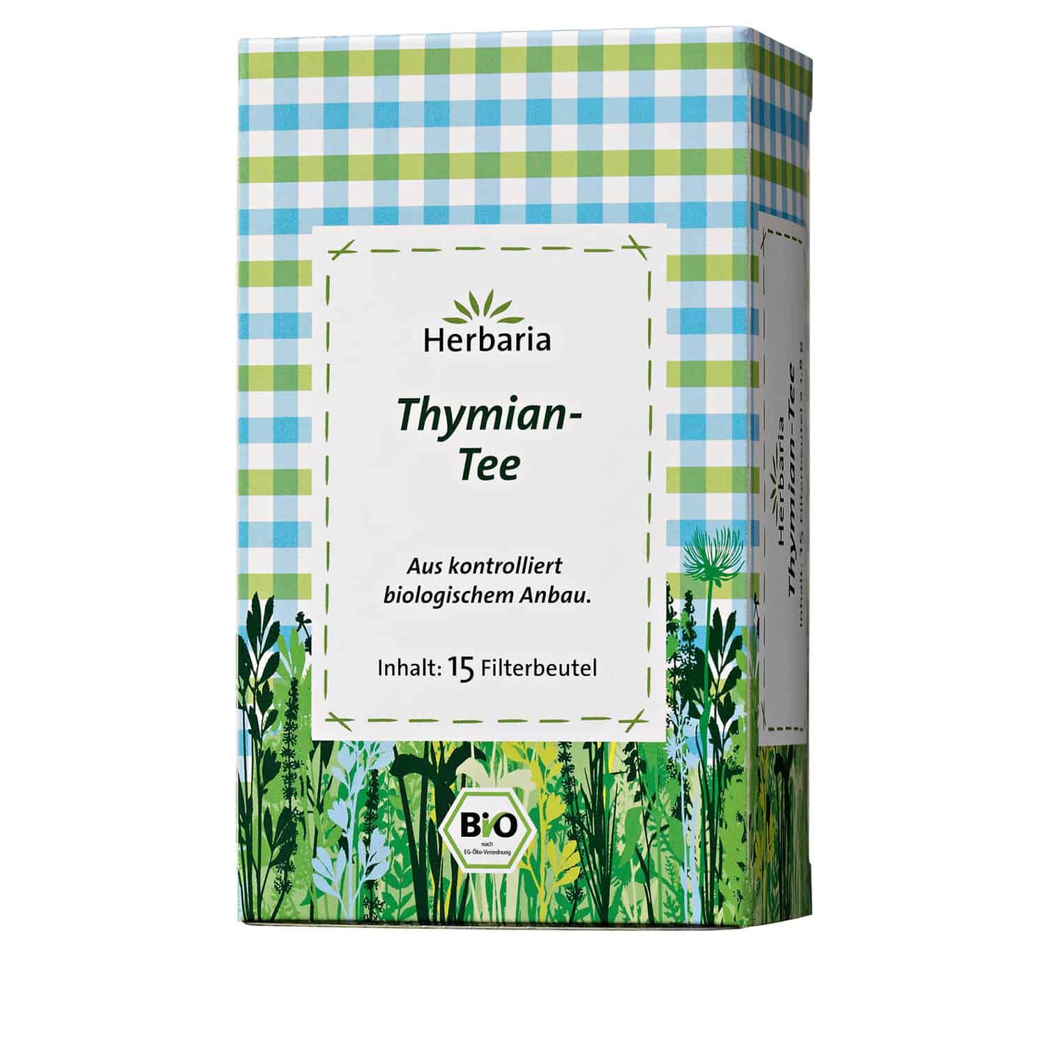 Verpackung von Herbaria Thymian-Tee. Aufschrift: Thymian-Tee, 15 Filterbeutel, Bio-Siegel.