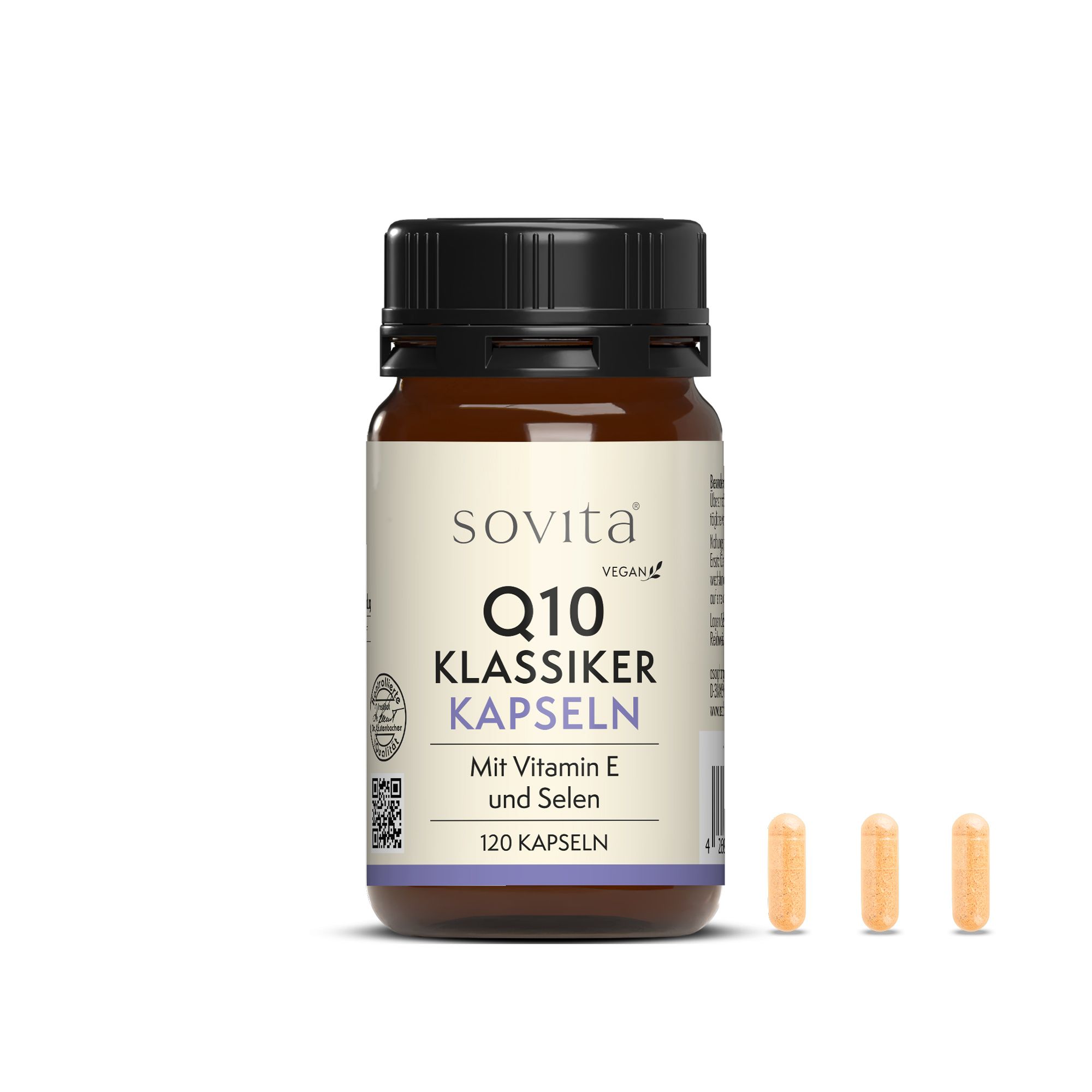 Braune Glasflasche mit schwarzen Deckel. Aufkleber mit Produktinformationen. Text: Q10 Klassiker Kapseln, 120 Kapseln. Vegan. 3 Kapseln daneben.